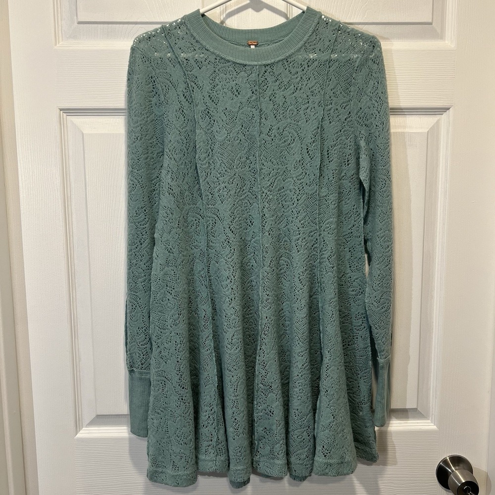 Free People Coffee In The Morning Crochet Knit Tunic Shirt Green Womens XS